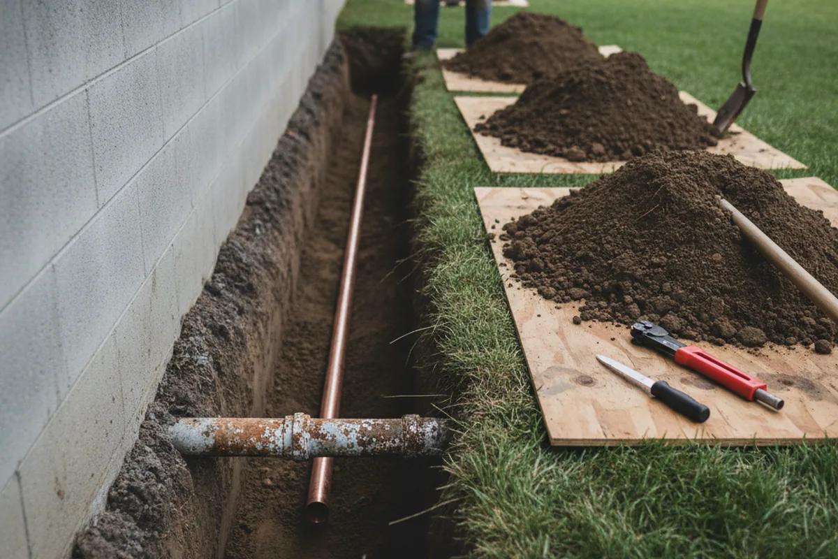 Excavated water line trench during Water Heater Repair in Redlands